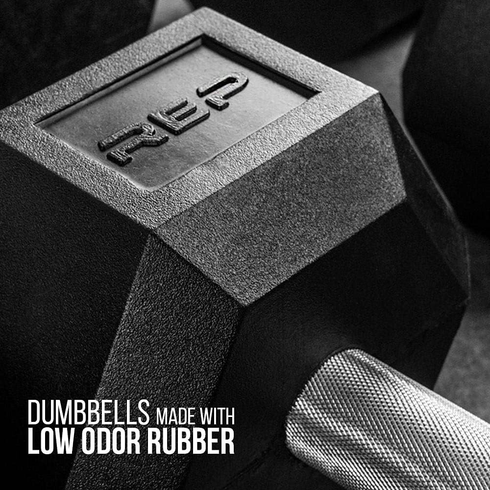 Rep Fitness Rubber Hex Dumbbells - Low Odor, Fully Knurled Handle | Singles (55LB+) & Pairs (5LB-50LB)