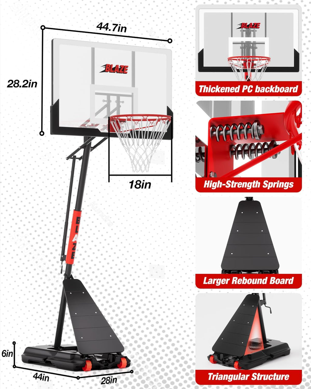 Skiennix Basketball Hoop - Height Adjustable 5.3-10ft Portable Goal System with 45-Inch Shatterproof Backboard