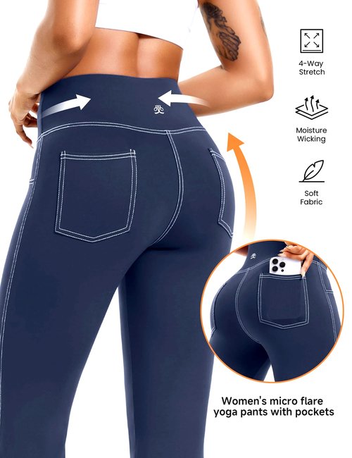 DemonQueen Women's Flare Yoga Pants，High Waisted Tummy Control Fitness Yoga Pants，Bootcut Pants for Women (US, Alpha, X-Large, Regular, Regular, Navy-Blue-White Line)