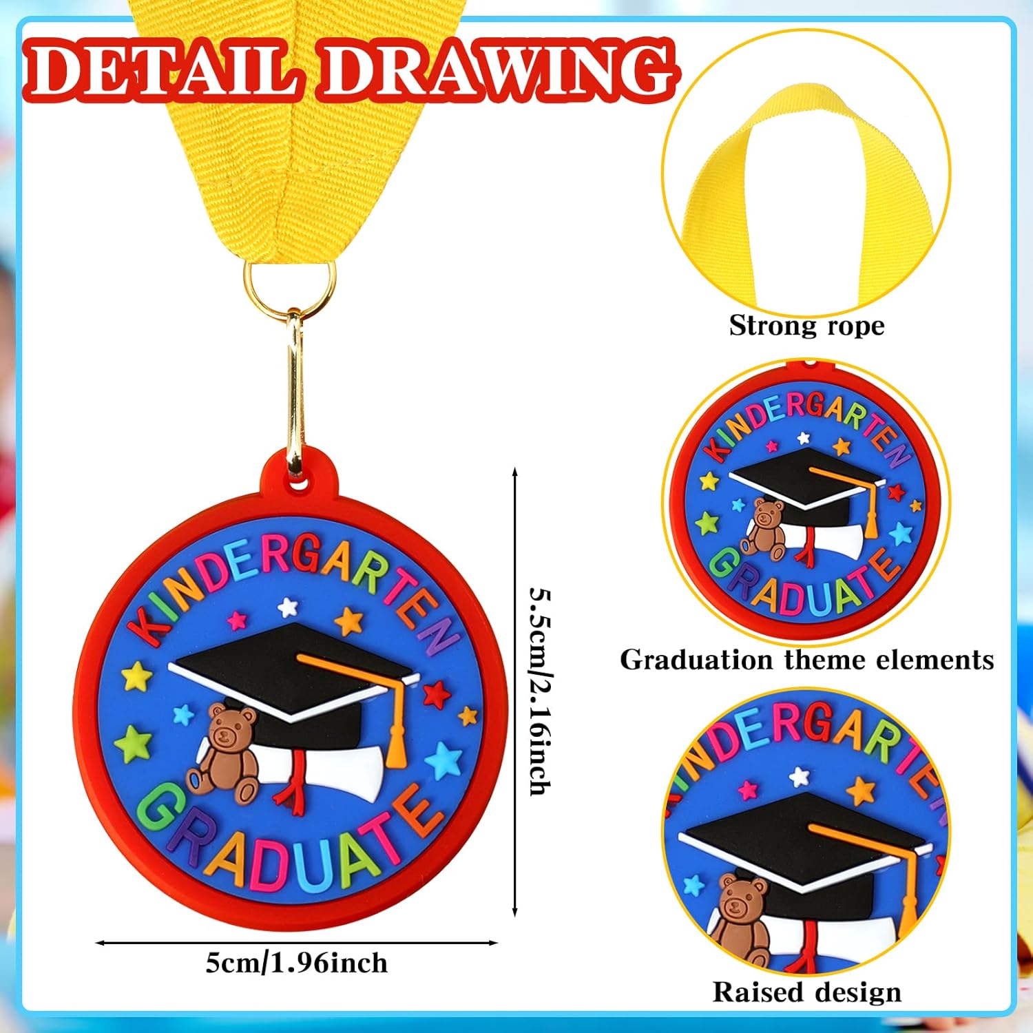 Sratte Graduation Medal for Kids - 2 Inch Preschool Award with Yellow Neck Ribbon | Perfect Party Favor