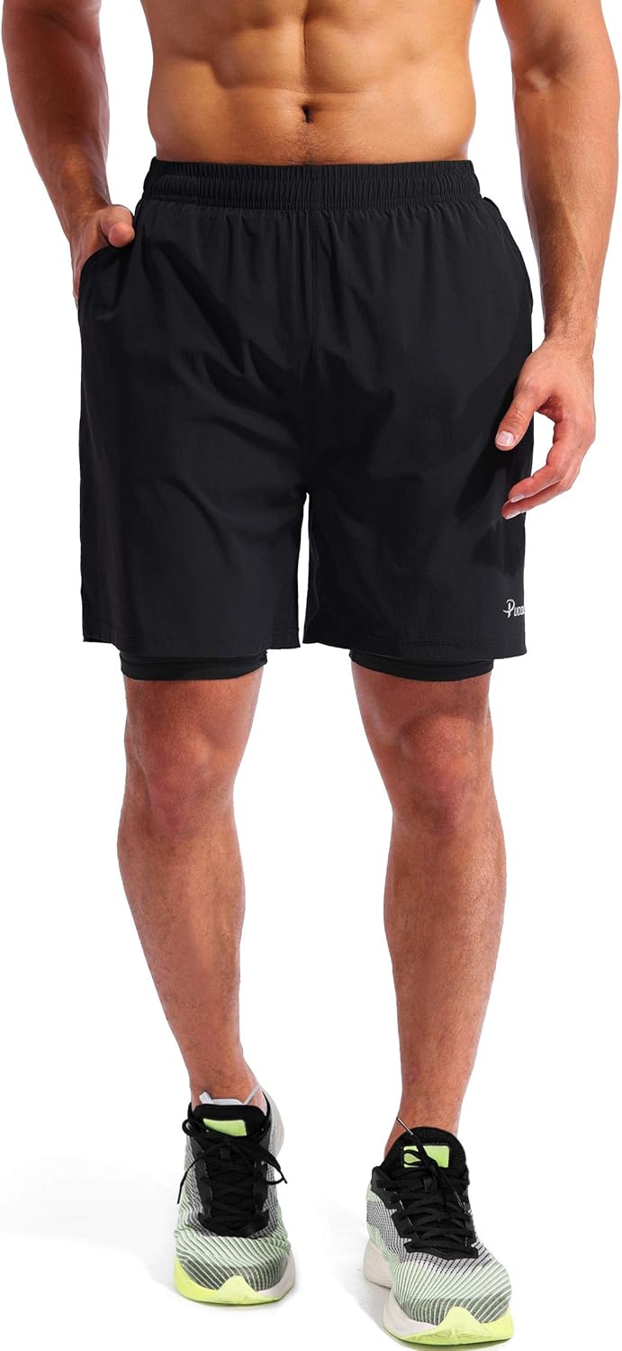 Pudolla Men's 2-in-1 Running Shorts - Quick Dry Athletic Gym Shorts with Phone Pockets | 5" Length