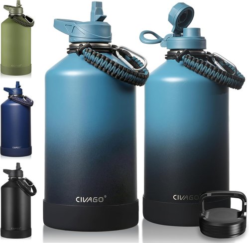 CIVAGO Insulated Gallon Water Bottle - 128 oz Stainless Steel Flask with Straw & 3 Lids | Indigo Black