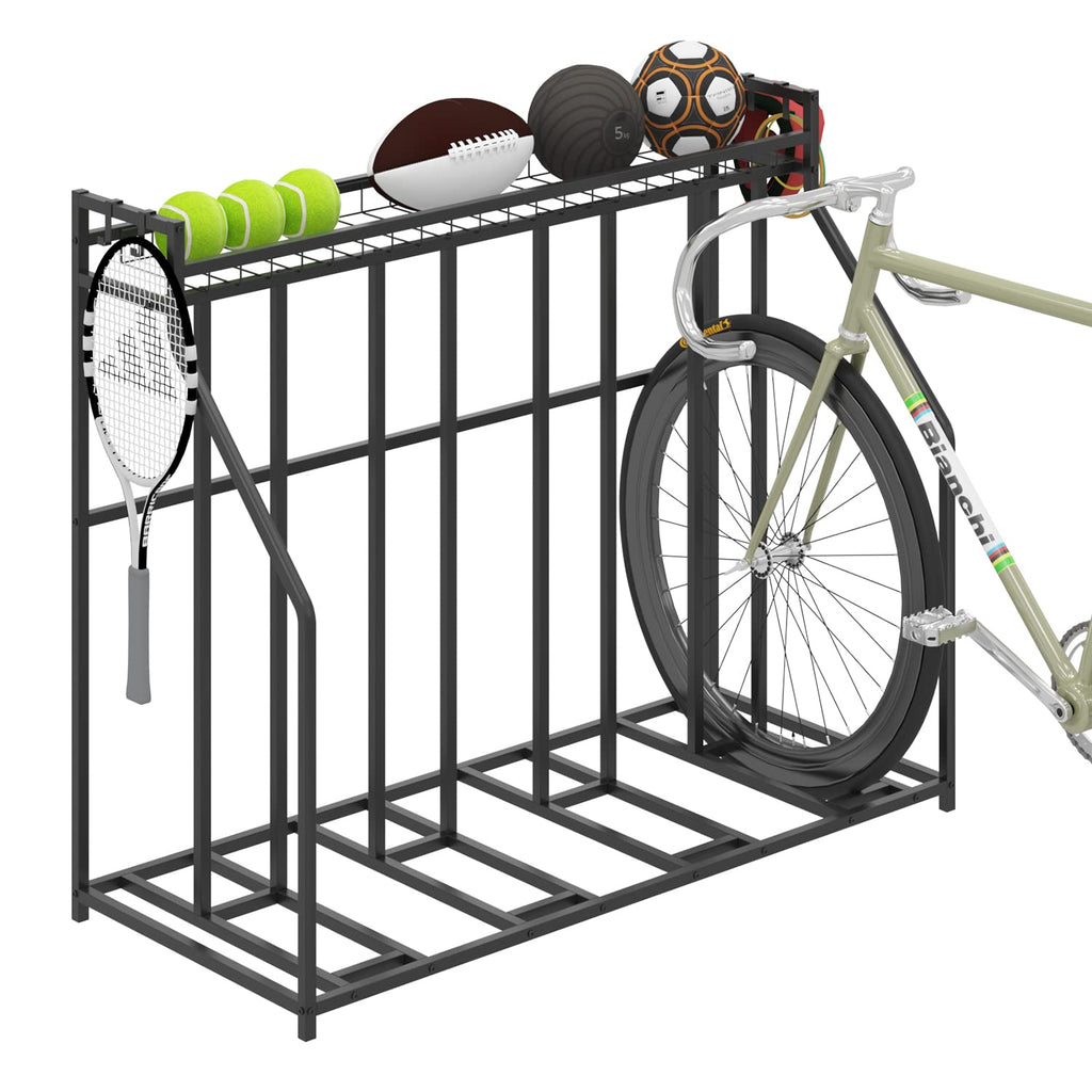 YiLifebes Stand Bike Racks for Garage, 4 Bike Stand Rack with Storage Basket, Metal Floor Bike Parking, Garage Organizer Suitable for Mountain, Hybrid, Adult and Kids Bikes