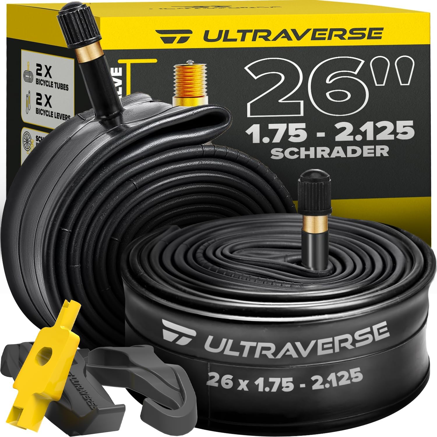 Ultraverse Bike Inner Tubes - Durable Butyl Rubber 26 x 1.75, 1.95, 2.10, 2.125 - Schrader Valve - Set of 2