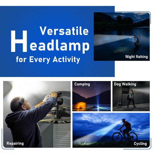 Nessciera Rechargeable LED Headlamp, 400 Lumens, 230° Wide Beam, USB-C, IPX4, 5 Modes — Lightweight, Adjustable Headband; Hard Hat Clips for Camping, Hiking, Running, Repairs & Gift (4 pack, Black)