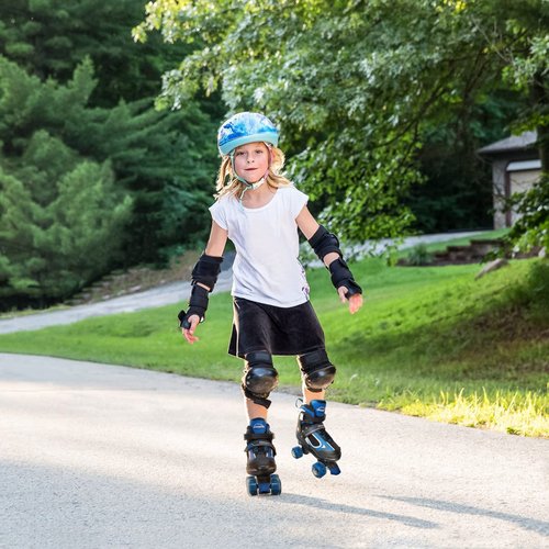 MammyGol Roller Skates for Boys Girls, 4 Sizes Adjustable Quad Skates for Kids with All Light up Wheels, Full Protection for Toddler's Indoor and Outdoor Play Blue Size 10C 11C 12C 13C