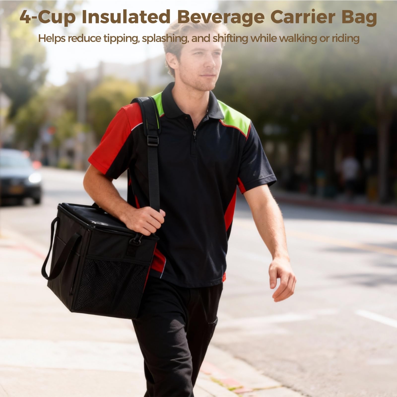 4 Cup Insulated Beverage Carrier Bag, Reusable Drink Carrier with Handle and Shoulder Strap, Adjustable Height Dividers Spill Resistant Portable Coffee Cup Holder for Delivery Takeout Commuting