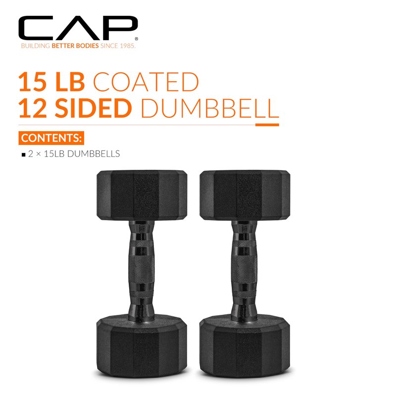 CAP 15 LB 12-Sided Rubber Coated Dumbbell Weight, Rubber Free Weights for Home Gym Strength Training, Black Oxide Handle, Pair