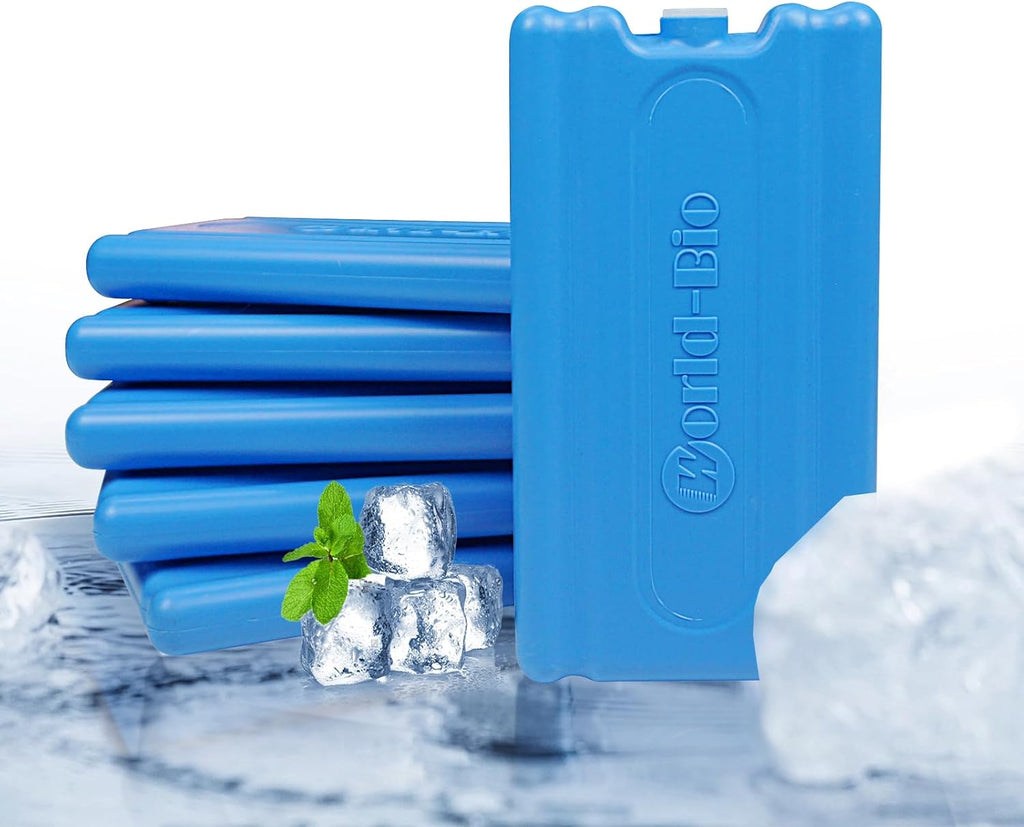WORLD-BIO Reusable Ice Packs for Lunch Boxes & Coolers, Leakproof Quick Freeze Cold Packs for Picnics, Beach, Camping, Work - Long Lasting to Keep Drinks Cold (Thin Ice Packs 6 Pcs)