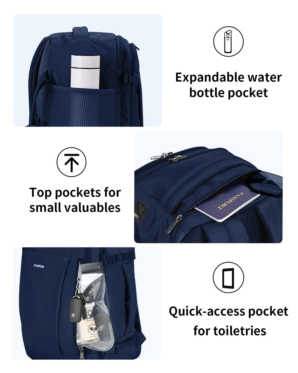 ECOHUB 17'' Travel Backpack, Personal Item Backpack with 13 Pockets, Flight Approved Carry on Backpack with USB Port & Luggage Sleeve, Travel bag for Men & Women, Water Resistant Backpack, Blue