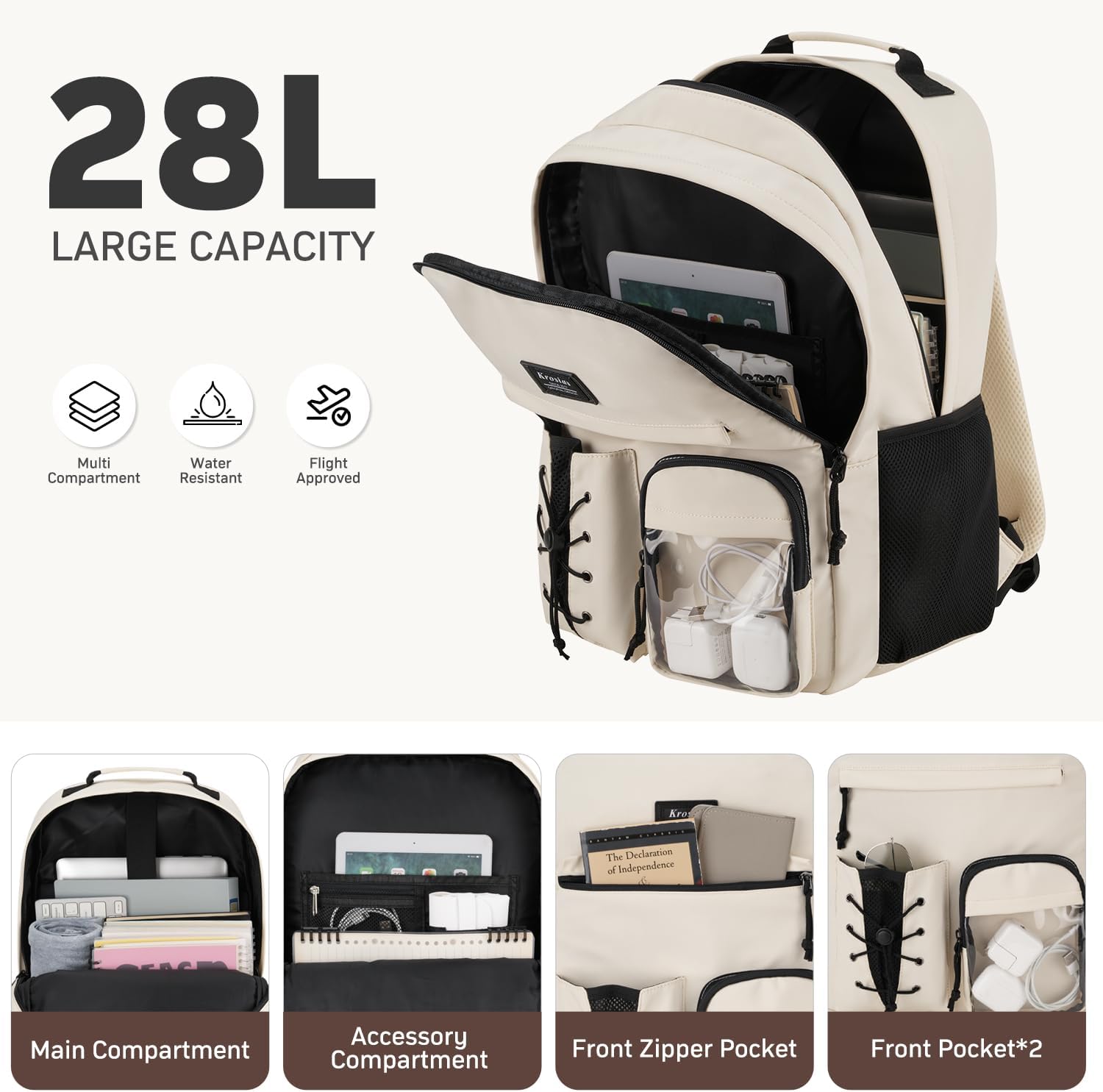 Skiennix School Backpack - Stylish 15.6 Inch Laptop Bag for Women & Teen Girls | Beige Color