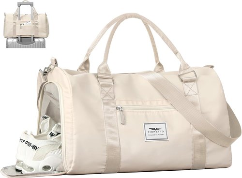 FIORETTO Women's Gym Tote Duffle Bag - Wet Pocket & Shoe Compartment | Beige Sports Weekender Bag