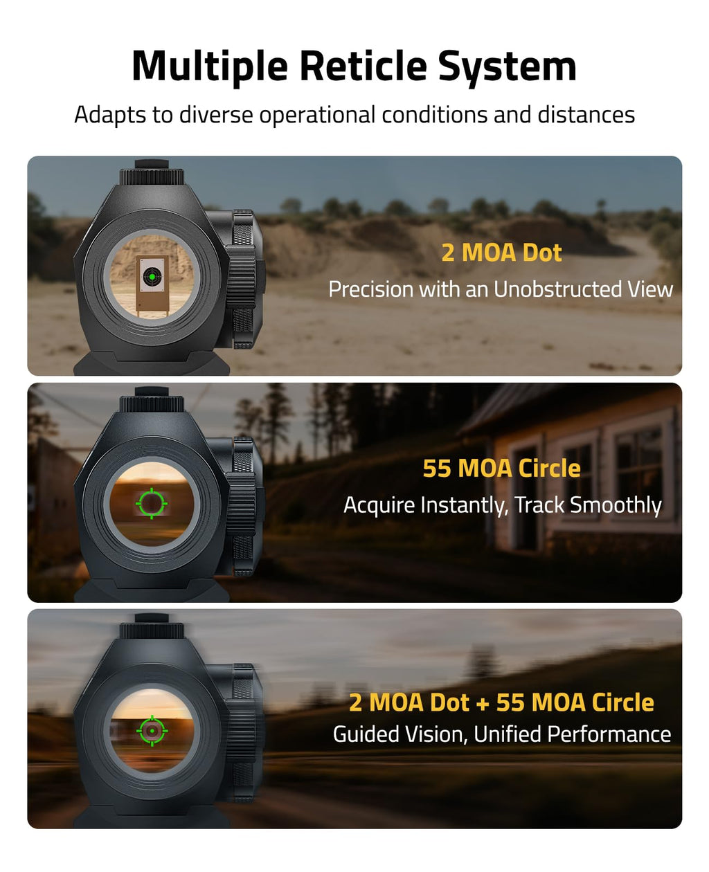 CVLIFE Multiple Reticle 2 MOA Green Dot & 55 MOA Circle, Motion Awake Green Dot Sight 50,000H Battery Life, 1x20mm Optics Scope Sight with Absolute Co-Witness Riser and Low Mount for 21mm Picatinny