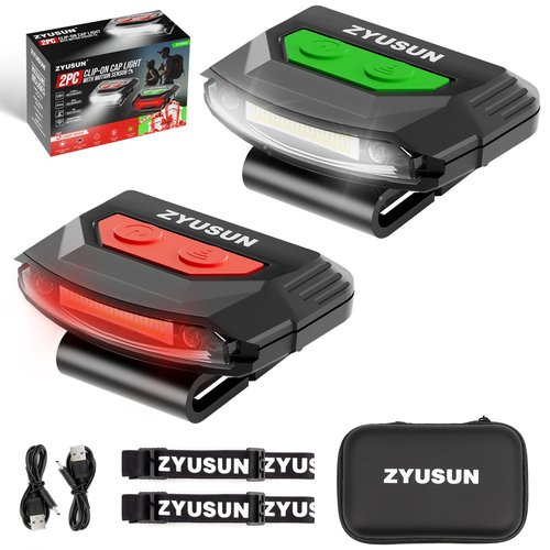 Zyusun 2-Pack Rechargeable Cap Light,Portable headlamps,Clip on Hat with Motion Sensor,Lightweight IPX4 Waterproof,White/Red/Green Night Vision LED Lights for Hunting Fishing Camping Hiking Cycling