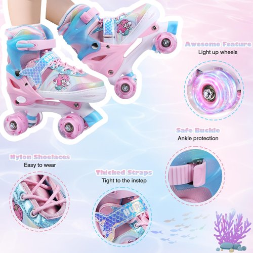 Hualonger Roller Skates,4 Size Adjustable Roller Skates Kids,Light-Up Wheels and Adorable Cartoon Designs, Multiple Layers of Protection for Girls and Boys,Suitable Indoor Outdoor