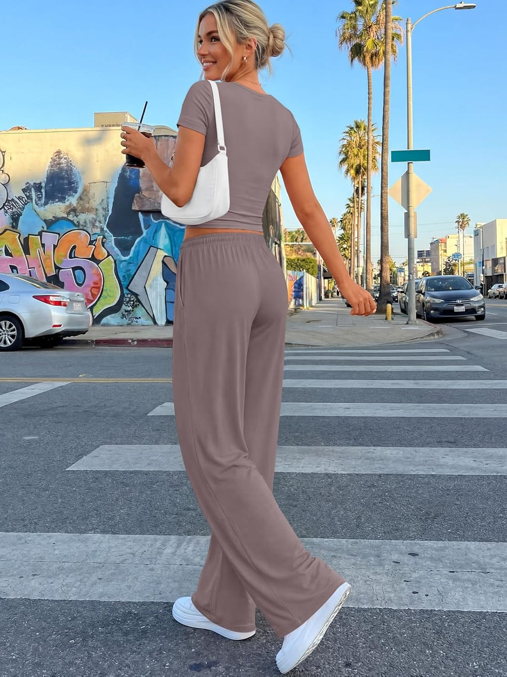 Trendy Queen 2 Piece Summer Sweatsuit | Women's Side Ruching Top & Wide Leg Pants Set with Pockets