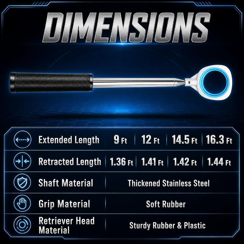 CHAMPKEY 9 Ft Pressure Golf Ball Retriever with Thick Stainless Steel Shaft and Rubber Grip