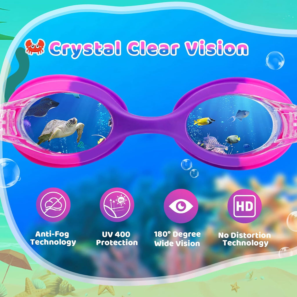 Vvinca Kids Swim Goggles - Anti-Fog, No Leak Design with Fabric Strap | Pain-Free for Toddlers & Children