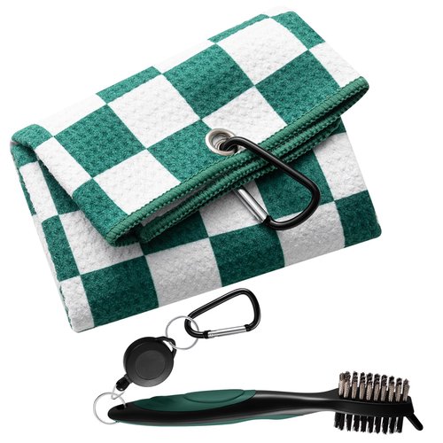 Liliful Golf Accessories Kit Include Green Checked Microfiber Waffle Golf Towel and Club Groove Cleaner Brush for Women Man Gifts
