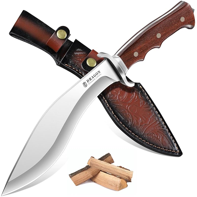 Dragon Creek Kukri Fixed Knife - 15° V-Edge Blade, Wooden Handle, Leather Sheath - Tan