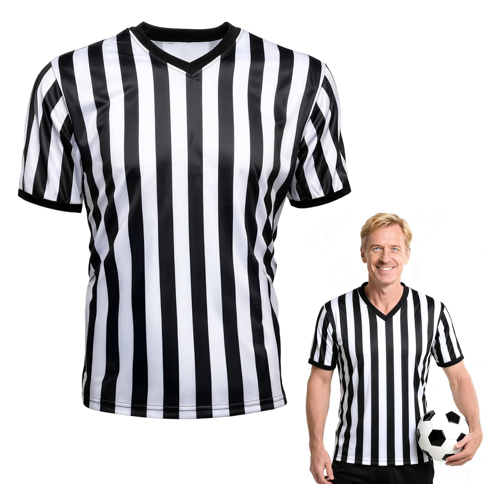 Referee Shirt, Basketball Referee Shirt Men, V-Neck Ref Shirt Black and White Stripe, Men’s & Women’s Short Sleeve Referee Costume for Basketball, Football, Soccer (XXL)