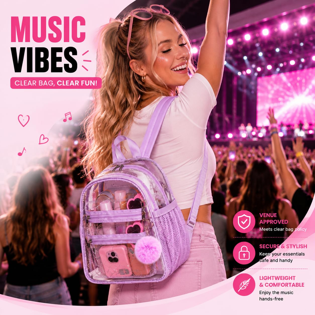 BTOOP Clear Mini Backpack for Stadium Events 12x12x6 Small Transparent Backpacks Plastic See Through Clear Bag for Concerts Work Festival Security Travel Purple