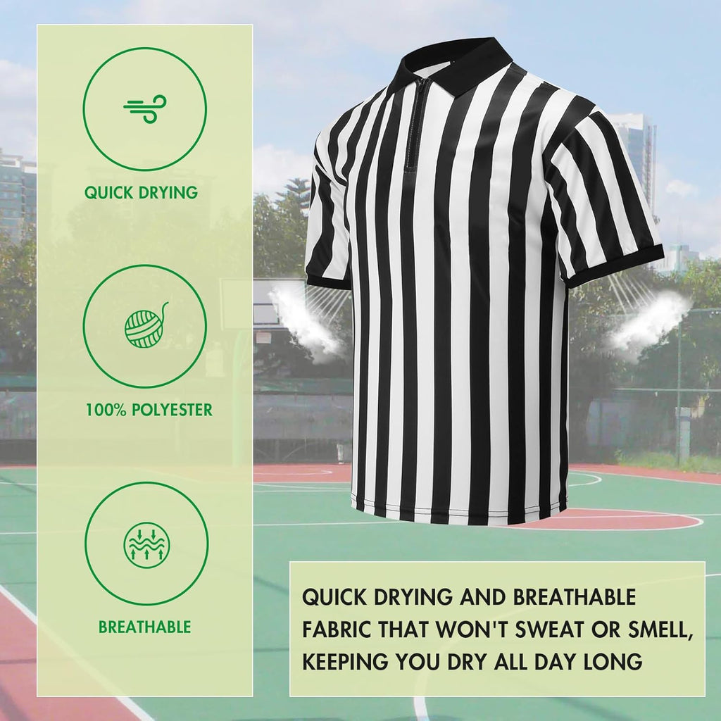 Skiennix Men's Referee Costume Set - 4 Pcs with Zipper Ref Shirt, Whistle & Penalty Flags