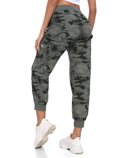 MoFiz Women Cargo Hiking Pants with Pocket Joggers Lightweight Quick Dry Elastic Waist Outdoor Athletic Running Sweatpants Casual Travel Pant Camouflage Green M