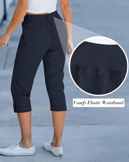 GRAPENT Cargo Capri Pants - High Waisted Relaxed Fit Casual Cropped Trousers for Women