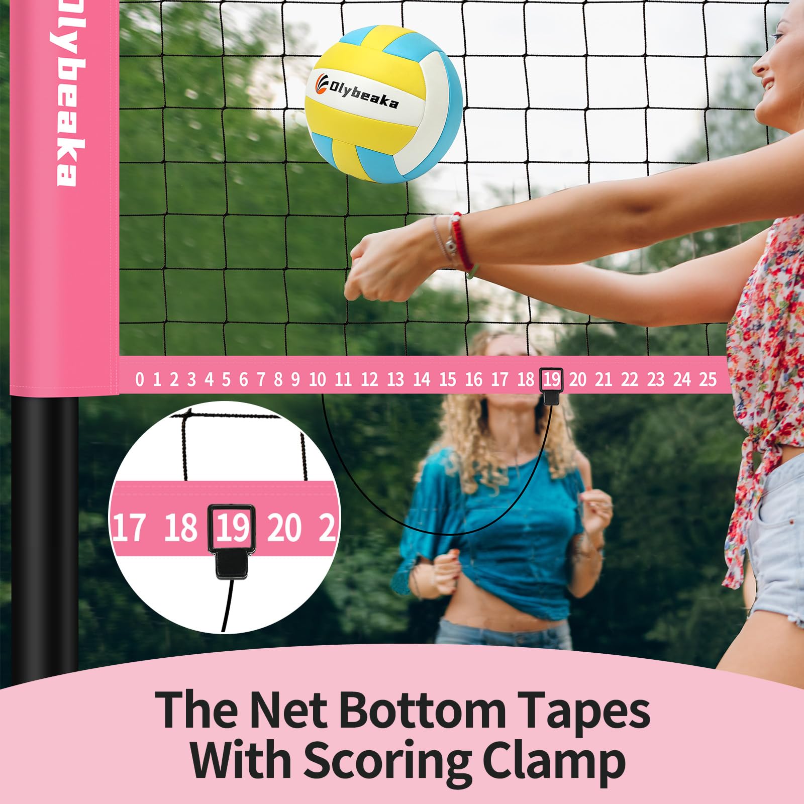 20FT Outdoor Volleyball Net Set System for Backyard Beach with Anti-Sagging Net, Iron Adjustable Height Poles, Soft PU Volleyball and Pump, Carry Bag - Instant Set Up & Durable (Pink)
