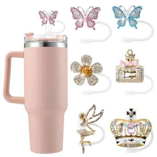 SEMATA 6PCS Cute Straw Cover Cap for Stanley Cup Accessories,Bling Crystals Straw Toppers for Stanley Tumbler 40&30 oz,Rhinestone Reusable Straws Tips Protectors Compatible with 10mm Straws