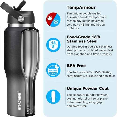 HYDROWION Insulated Water Bottle - 40 oz Stainless Steel Tumbler with Leak-Proof Lid | Keeps Drinks Cold for 48 Hrs, Hot for 24 Hrs - Black & Grey