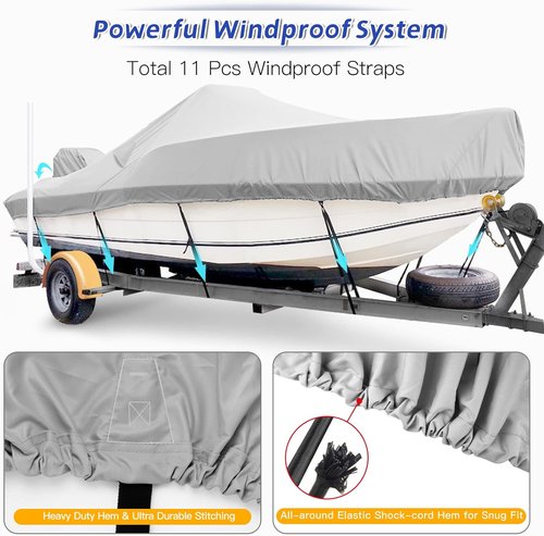 1400D Center Console Boat Cover - Waterproof Marine Canvas with Hurricane Proof System | Fits 17-19ft Boats, Gray