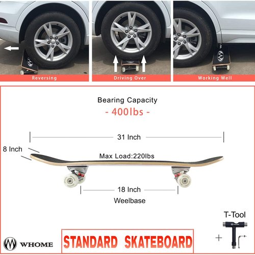 WHOME Skateboards for Adults/Kids Teens/Girl Beginner/Boy - 31"x8" Pro Standard Skateboard Complete 8-ply Alpine Maple Deck ABEC-9 Bearings with T-Tool