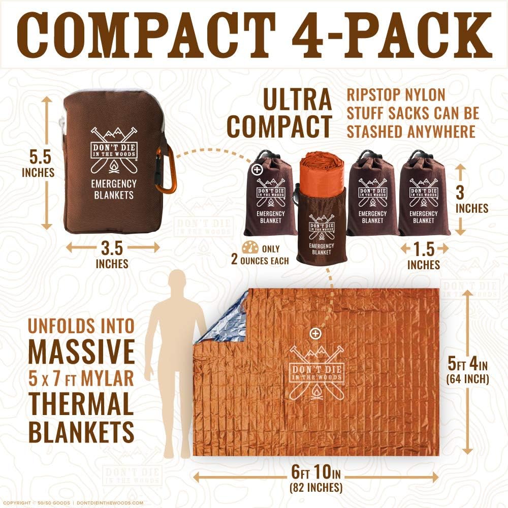 Skiennix Emergency Blankets - Extra Large Thermal Mylar Space Blankets | 4-Pack for Outdoor Survival (Orange)