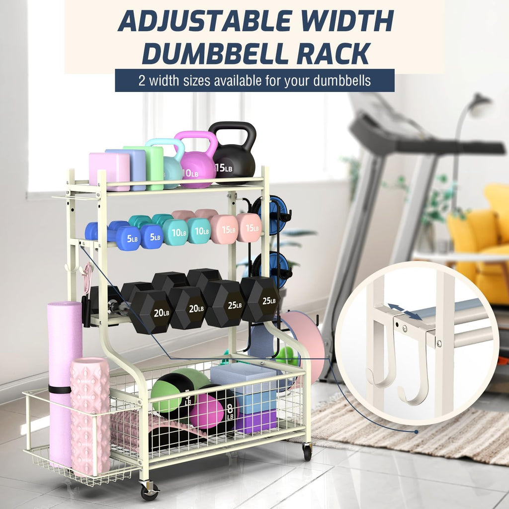 PLKOW Dumbbell Rack - All-In-One Home Gym Storage for Dumbbells, Kettlebells & Yoga Mats - Durable Steel with Wheels