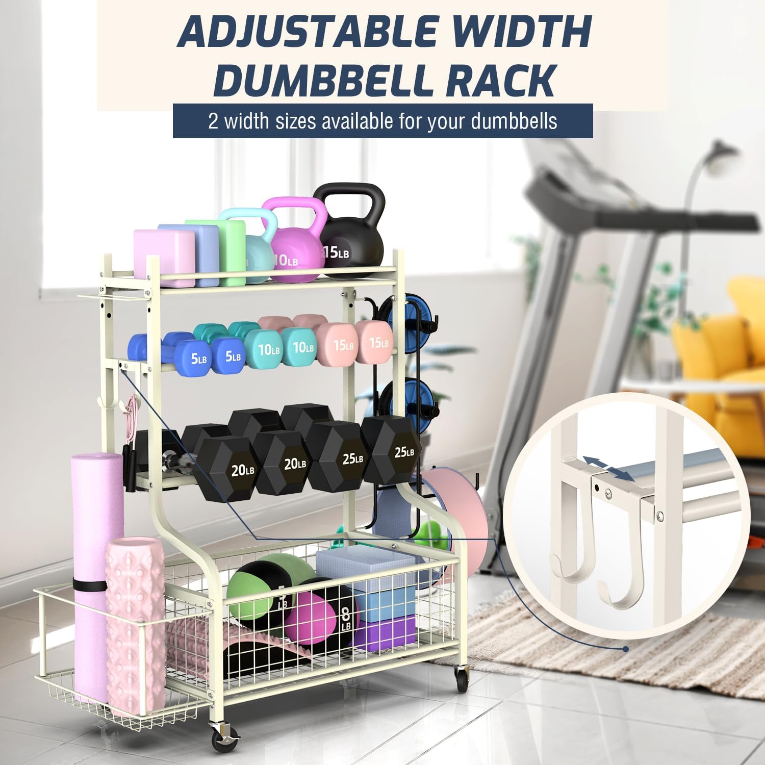 PLKOW Dumbbell Rack - All-In-One Home Gym Storage for Dumbbells, Kettlebells & Yoga Mats - Durable Steel with Wheels