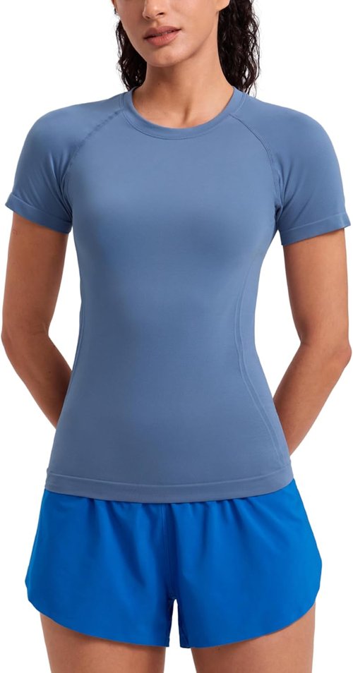 CRZ YOGA Seamless Workout Tops for Women - Breathable Short Sleeve Athletic Tees | Hip Length Gym & Yoga Shirts