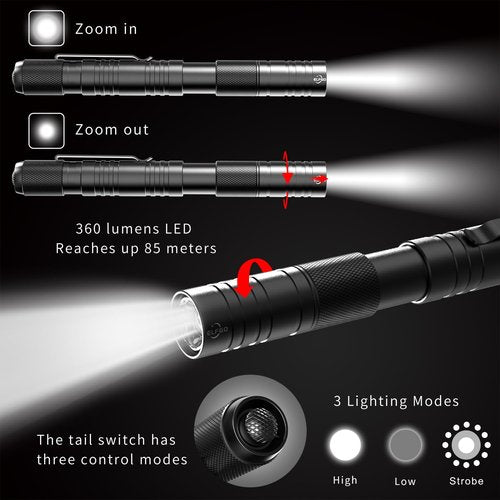 ELFGO Rechargeable Pen Light, Zoomable Led Penlight Inspector Light Pocket Flashlight with Clip Small Mini Handheld Slim Flashlight 360 Lumens LED for Nurse Medical Repair Engineer Doctor