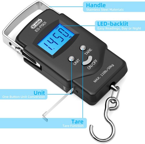 Dr.meter Fish Scale - 110lb Digital Weight Scale with Backlit LCD & Built-in Measuring Tape | Stainless Steel Gripper Tool