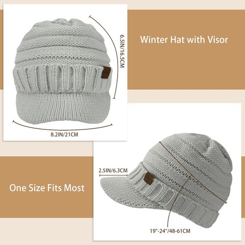 Winter Hats for Women - Warm Cute Knit Winter Hat, Casual Stylish Knitted Beanie Hat for Women, Soft Stretch Womens Winter Hats with Visor, Gray