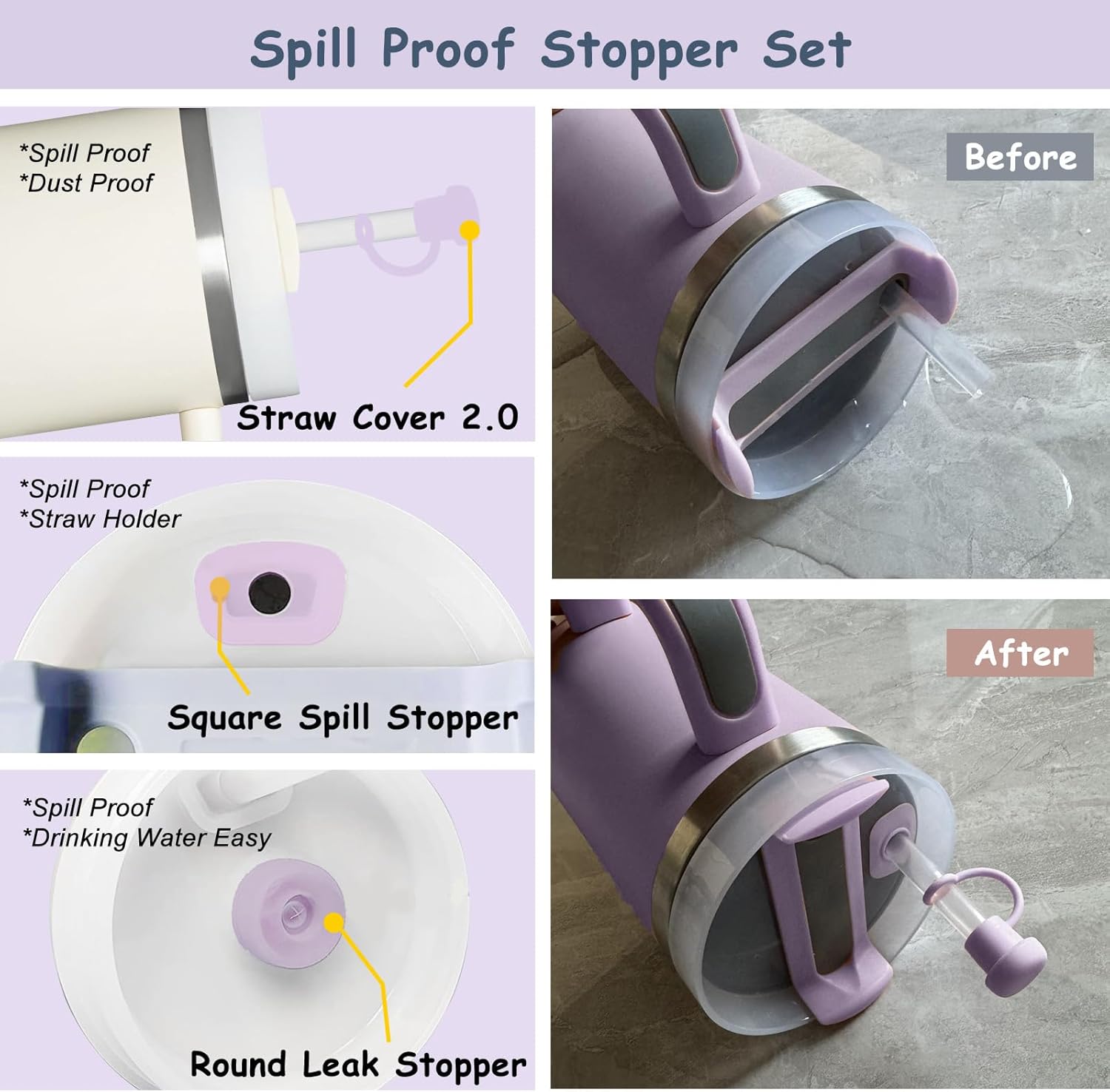 Stanley Cup Accessories Set - Handle Strap, Spill-Proof Stopper & Silicone Straw Cover | Fits 40oz & 30oz Tumblers - Purple