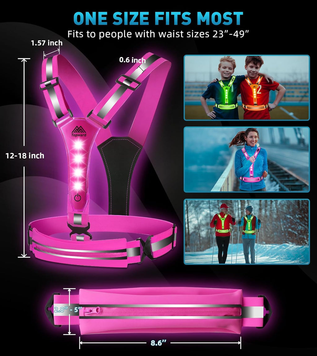 Topward LED Reflective Vest - USB-C Rechargeable Night Running Gear | High Visibility for Dog Walking & Cycling