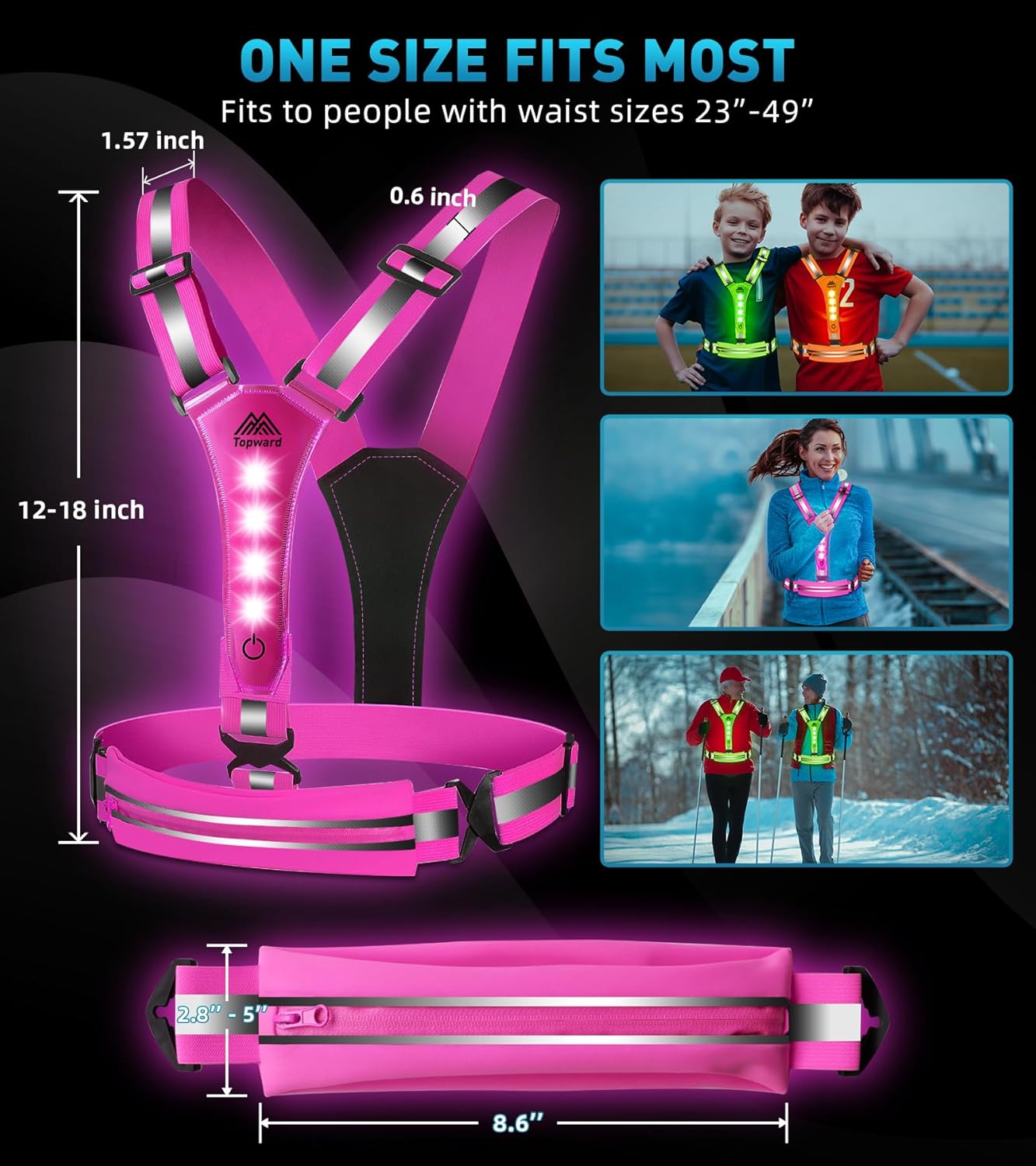 Topward LED Reflective Vest - USB-C Rechargeable Night Running Gear | High Visibility for Dog Walking & Cycling