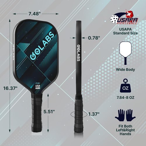 Golabs PB1 Pickleball Paddles Set of 2, Durable Fiberglass Surface& 16mm STR-Core Power Polymer Core, USAPA Approved, 8oz Lightweight & Comfort Anti-Slip Elongated Grip for Increased Power and Spin