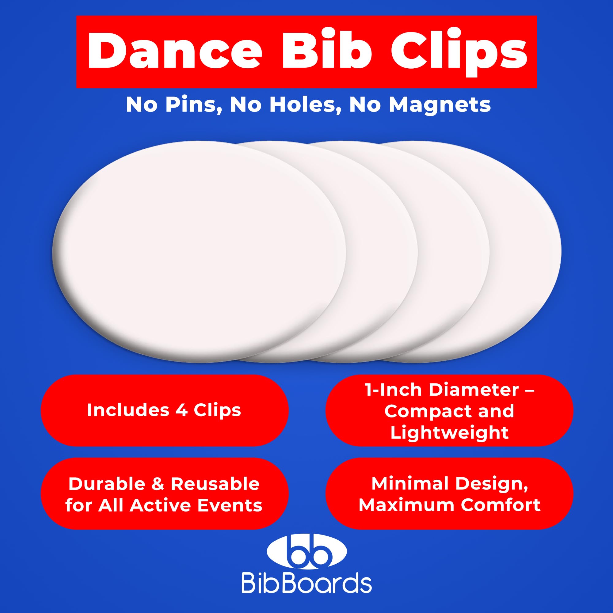BibBoards danceSNAPS Bib Clips Safety Lock Fasteners for Dancers, Competitions, Rodeos - Secure Numbers Without Pins - Reusable, Non-Damaging, Gentle on Fabric - White (4pcs)