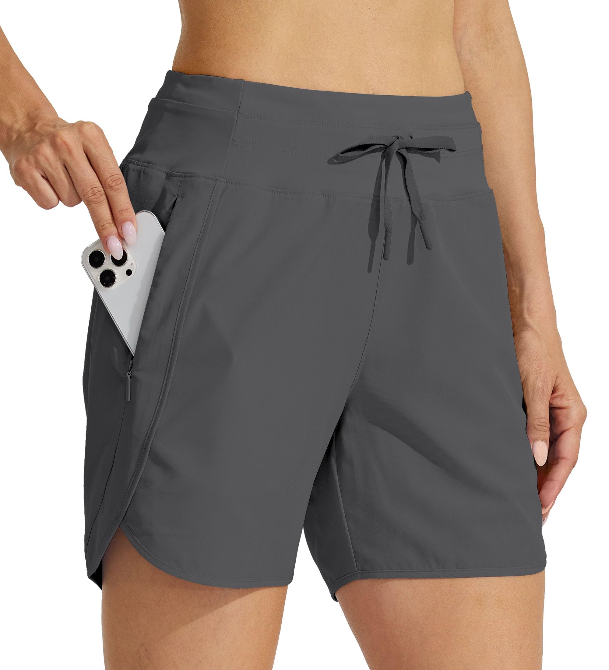 Willit Women's Athletic Running Shorts 5" Quick Dry Workout Hiking High Waisted Active Gym Exercise Zipper Pocket Dark Grey L