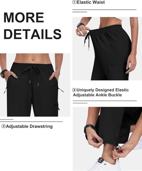 MoFiz Women's Hiking Cargo Pants - Lightweight Athletic Joggers with Elastic Waist | Black, Size M