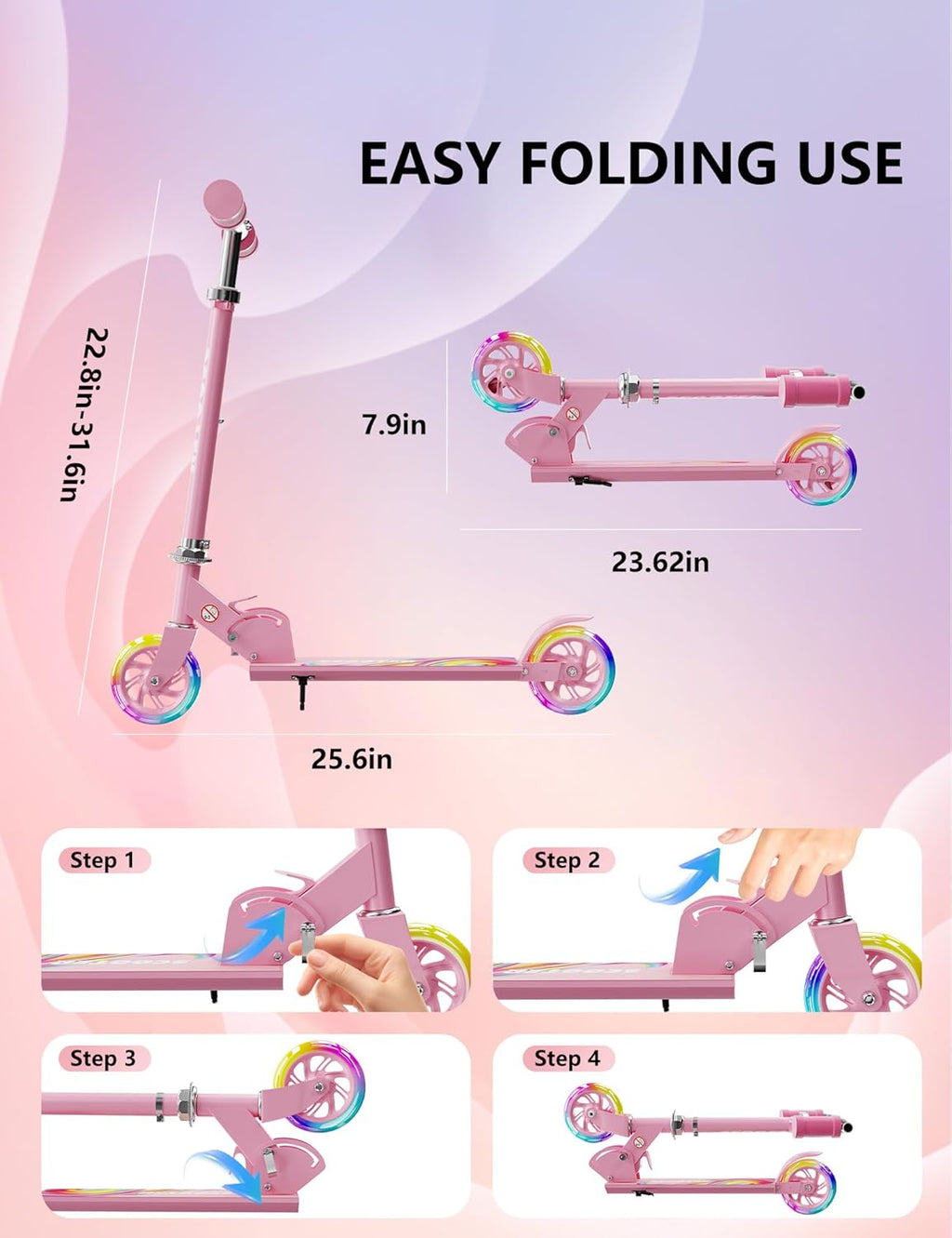 Skiennix Kids Kick Scooter - Adjustable 3-Level Height, LED Light-Up, Lightweight Foldable - Girly Pink
