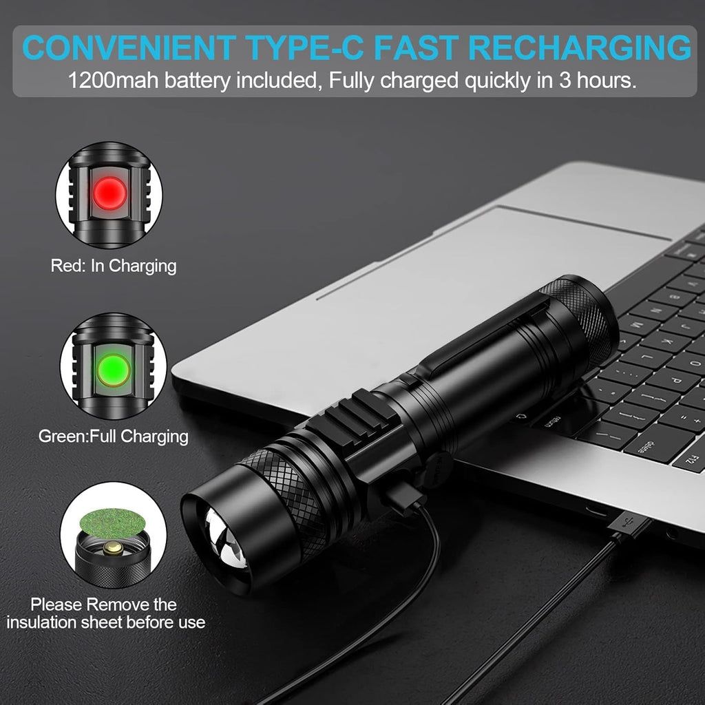 Skiennix Rechargeable Flashlight - Super Bright LED with COB Sidelight, Waterproof, 4 Modes, Tactical Design